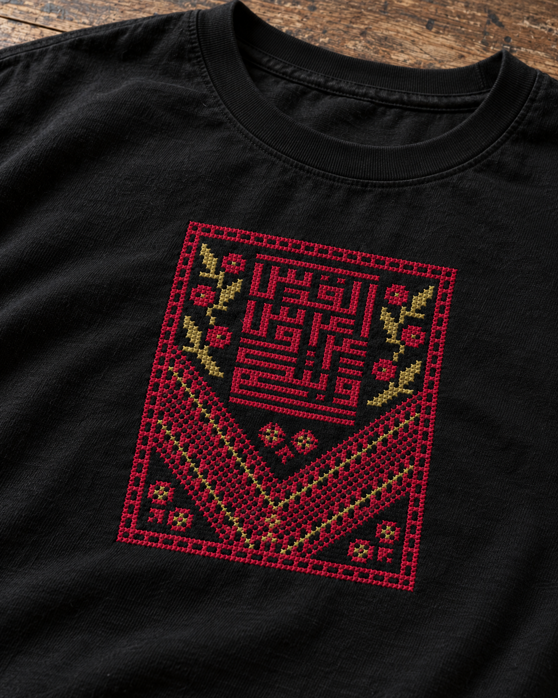 Close-up of burgundy and muted gold cross stitch on the black Kufic Floral Tatreez T-Shirt