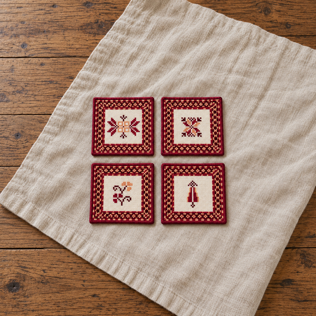 Palestinian motifs tatreez coasters - complete set of four