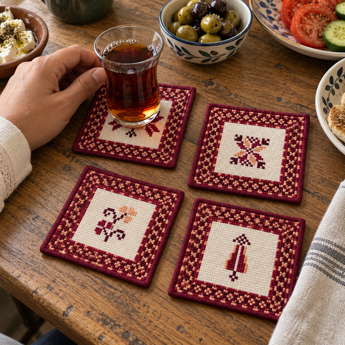 motifs tatreez coaster set shown in use