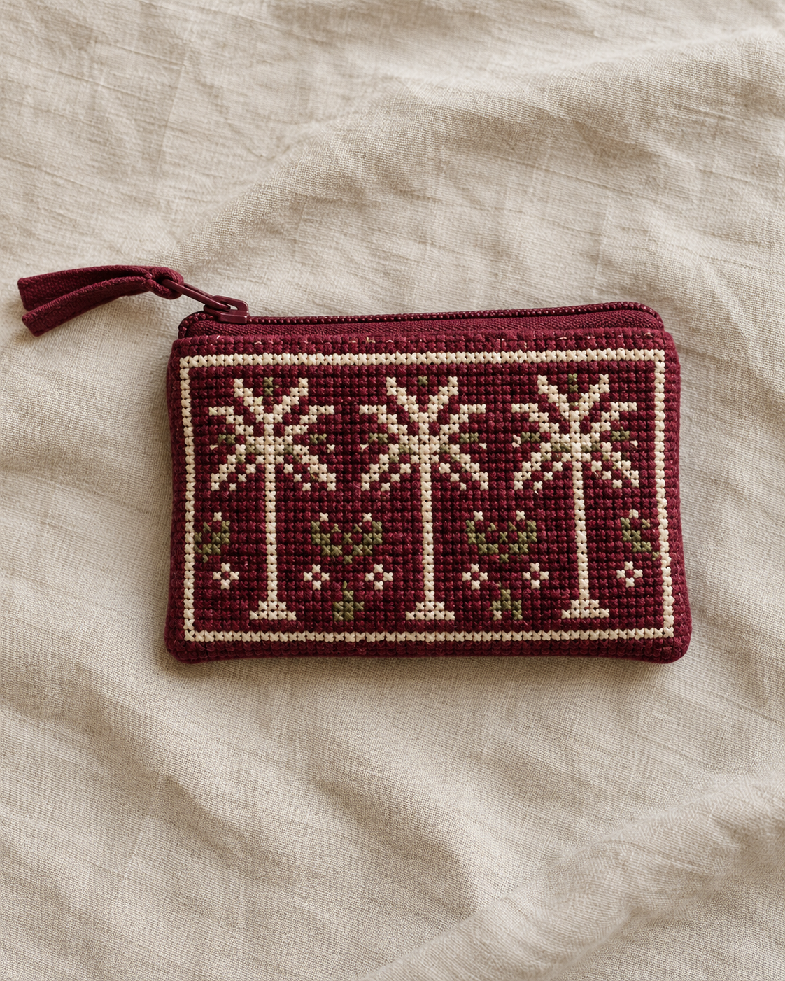 Design preview: palm burgundy tatreez zip purse