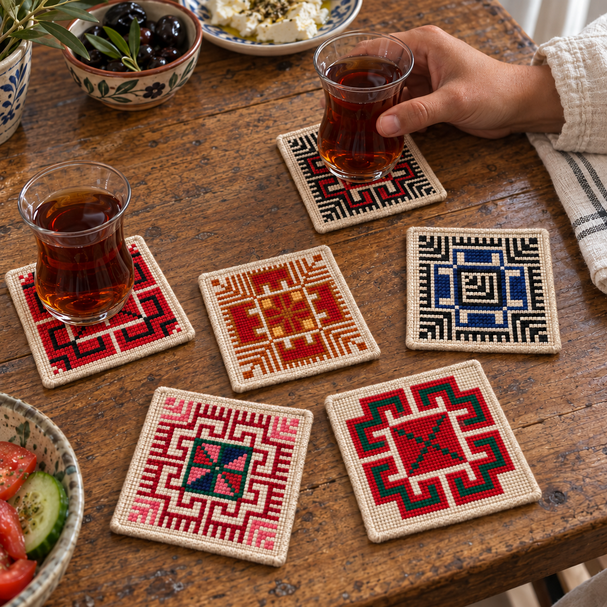 pasha tatreez coaster set shown in use