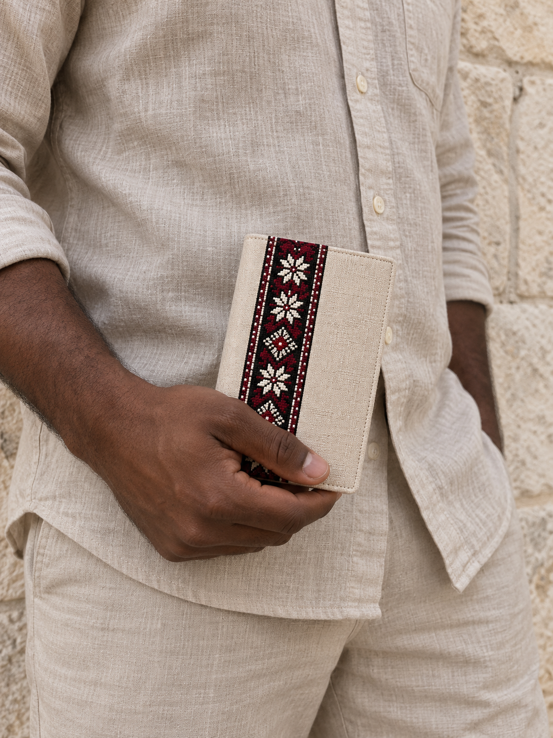 Star Tatreez Passport Cover - Natural - shown in use