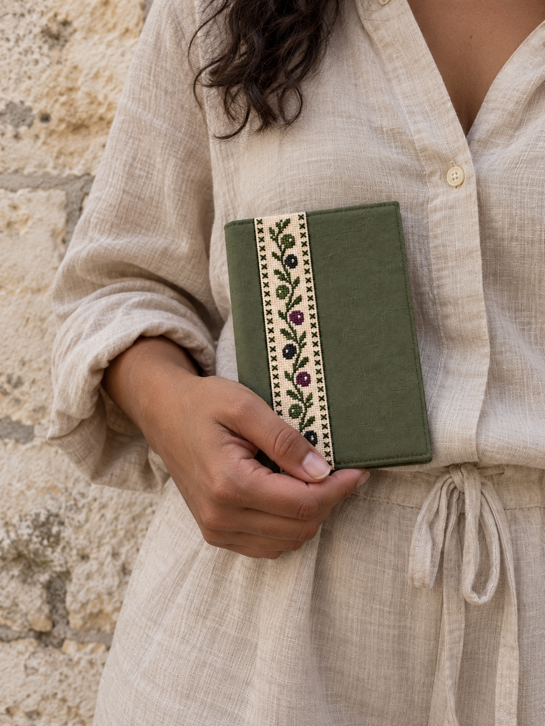 Olive Tatreez Passport Cover - Olive - shown in use