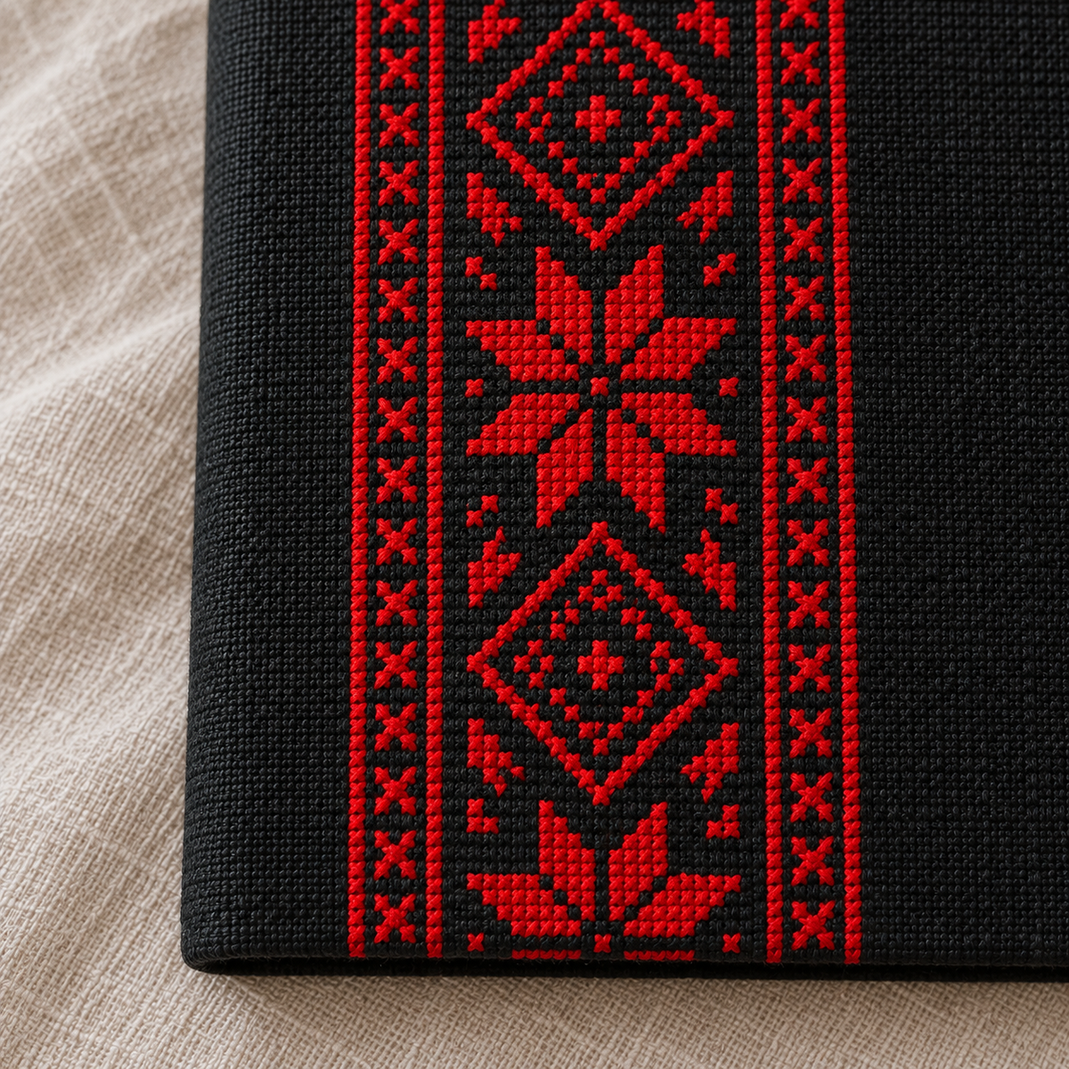 Red Geometric Tatreez Passport Cover - Black - tatreez stitching close-up