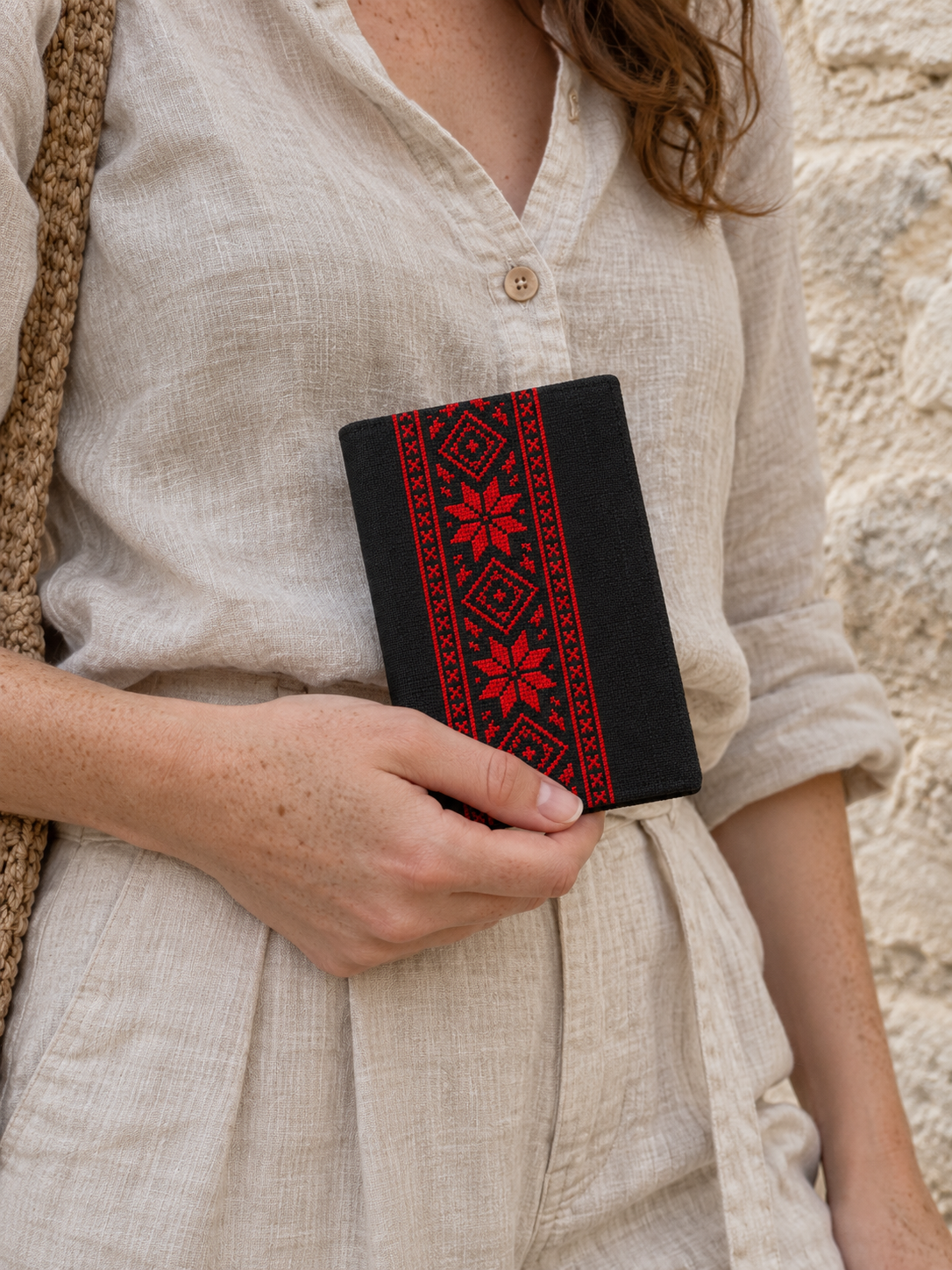 Red Geometric Tatreez Passport Cover - Black - shown in use