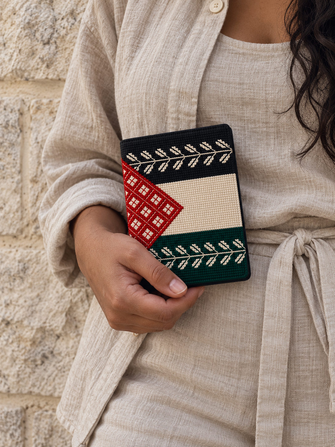 Palestine Flag Tatreez Passport Cover - shown in use