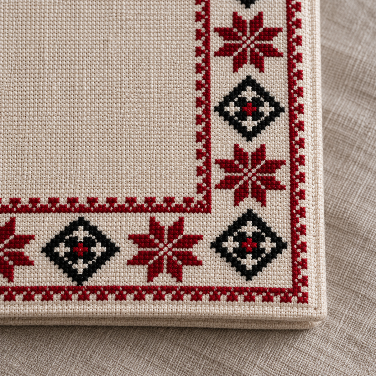 Corner Border Tatreez Passport Cover - Natural - tatreez stitching close-up