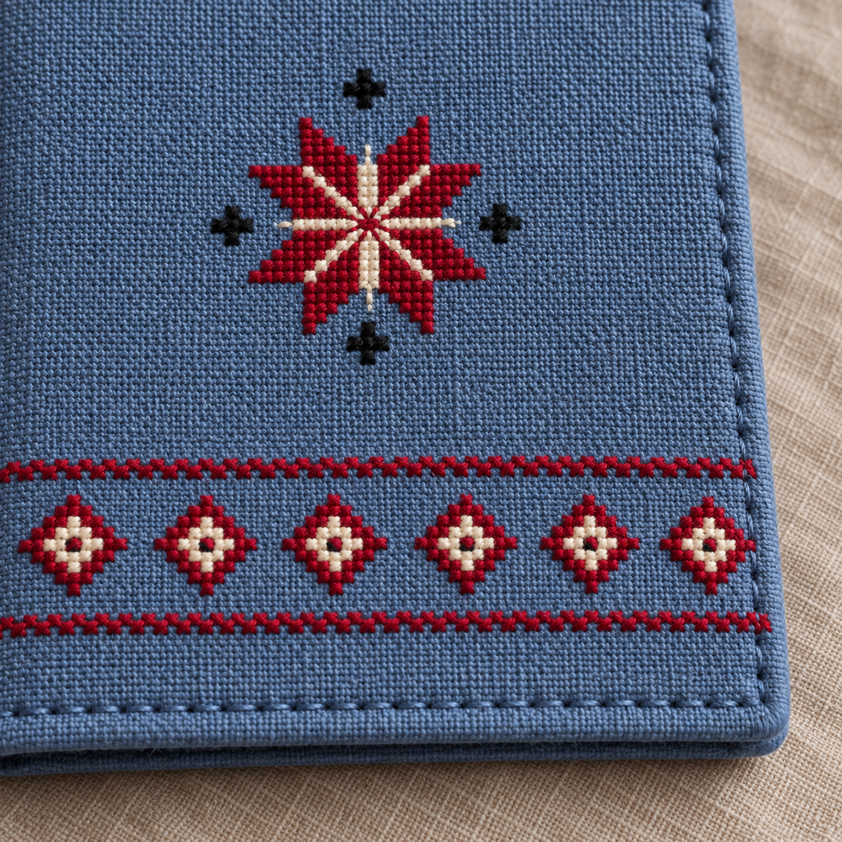 Single Star Tatreez Passport Cover - Slate - tatreez stitching close-up