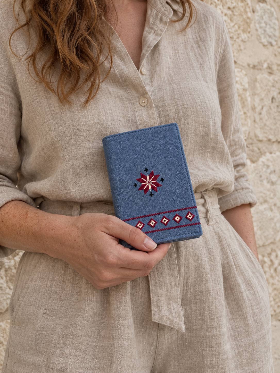 Single Star Tatreez Passport Cover - Slate - shown in use