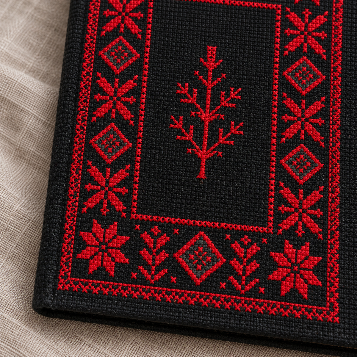 Red Border Tatreez Passport Cover - Black - tatreez stitching close-up