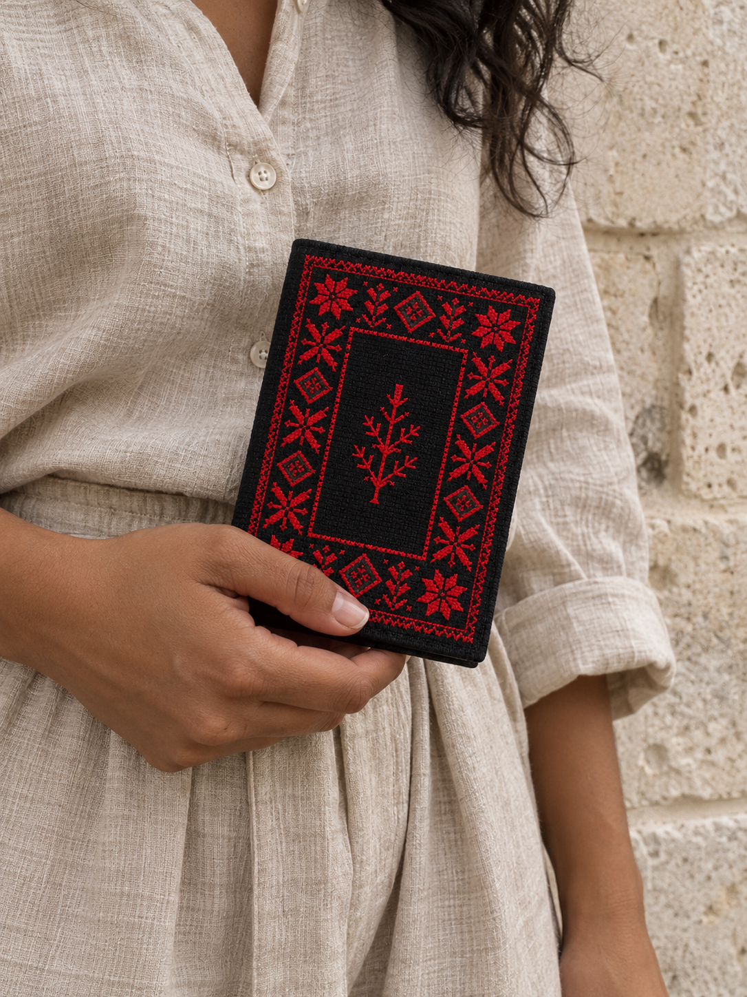 Red Border Tatreez Passport Cover - Black - shown in use