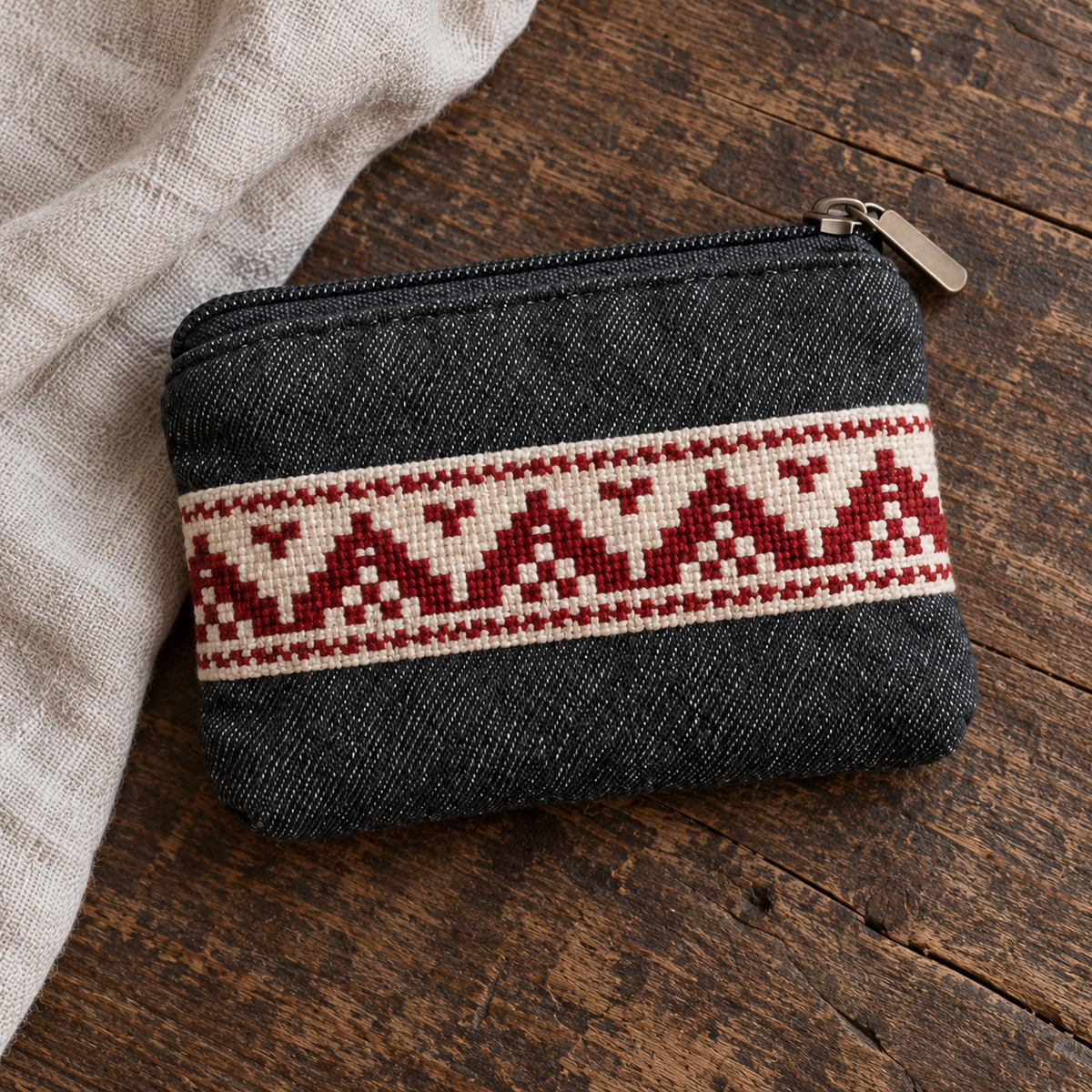 Red Tatreez Charcoal Denim Coin Purse - additional product view, digitally generated supplementary image