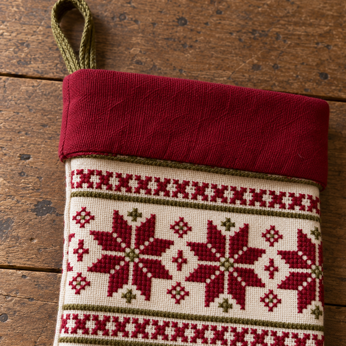 Star and Cypress Tatreez Christmas Stocking - Natural - close-up of tatreez stitching and cuff