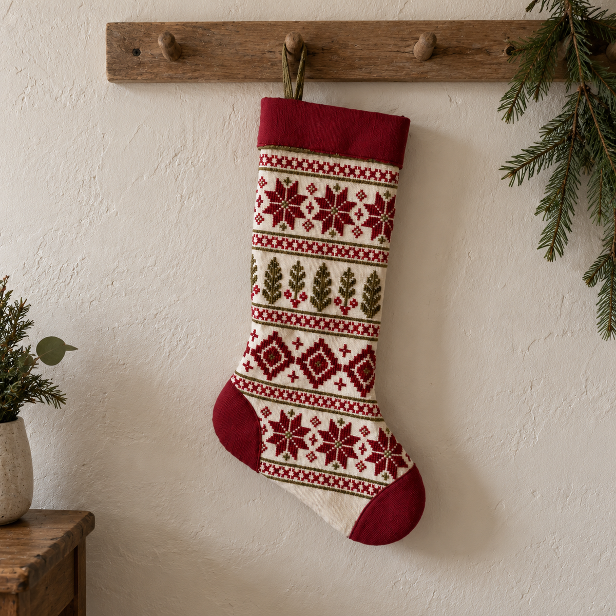 Star and Cypress Tatreez Christmas Stocking - Natural - hanging in a Christmas home setting