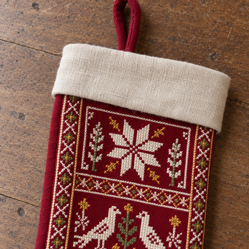 Bird and Star Tatreez Christmas Stocking - Burgundy - close-up of tatreez stitching and cuff