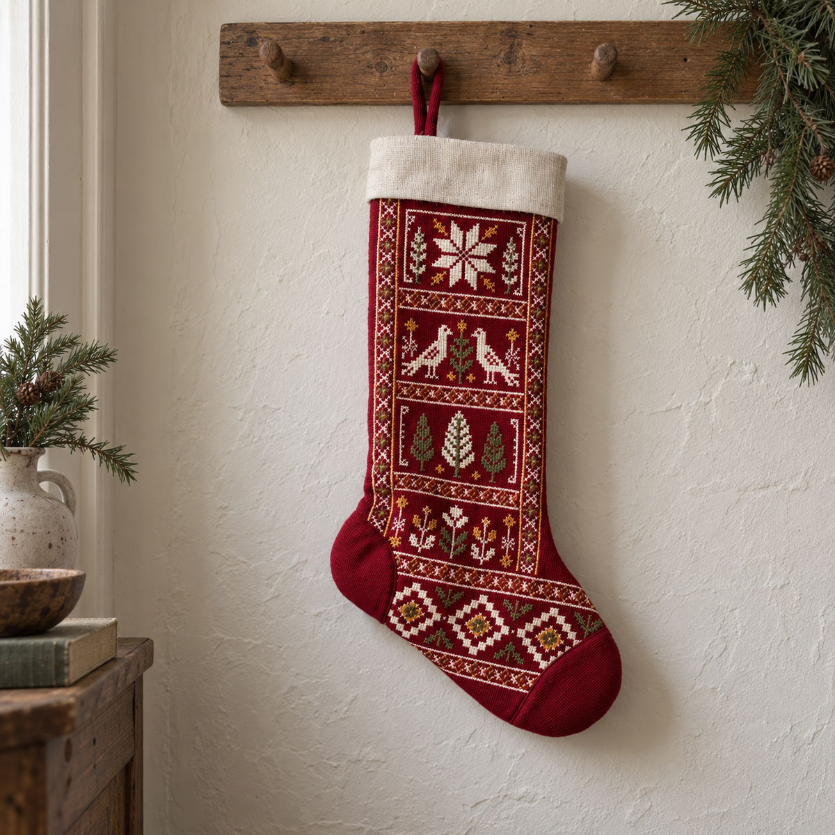 Bird and Star Tatreez Christmas Stocking - Burgundy - hanging in a Christmas home setting