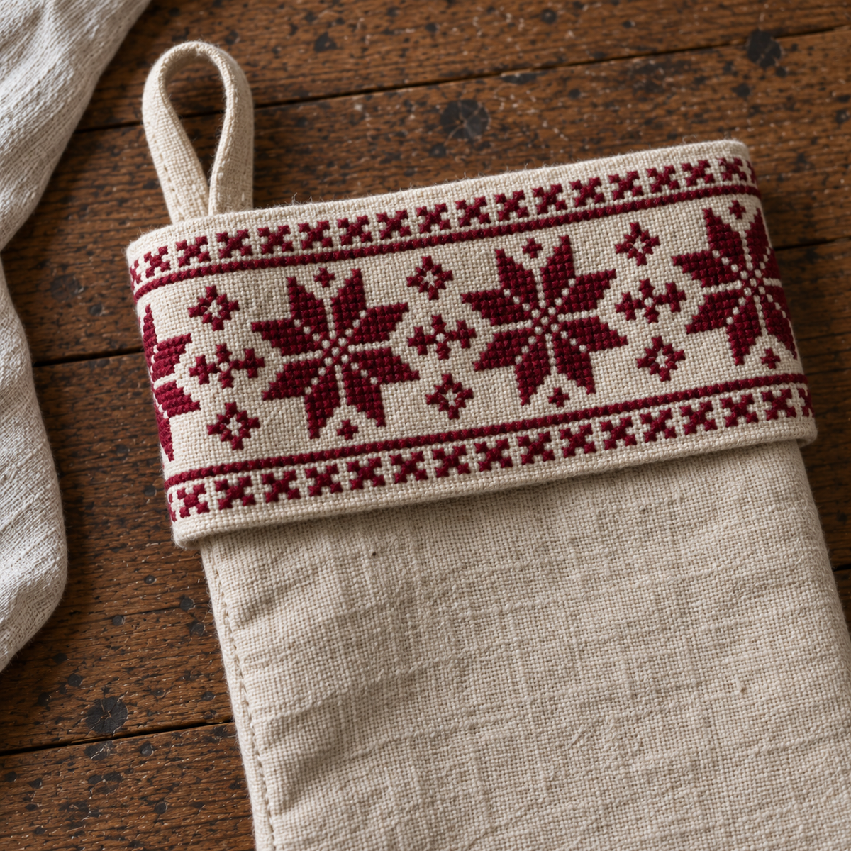 Star Cuff Tatreez Christmas Stocking - Natural - close-up of tatreez stitching and cuff