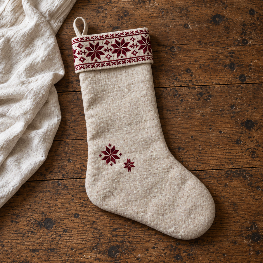Star Cuff Tatreez Christmas Stocking - Natural - full stocking on a wooden table