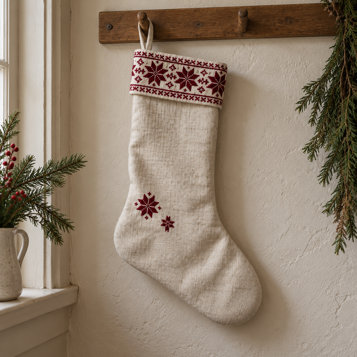 Star Cuff Tatreez Christmas Stocking - Natural - hanging in a Christmas home setting