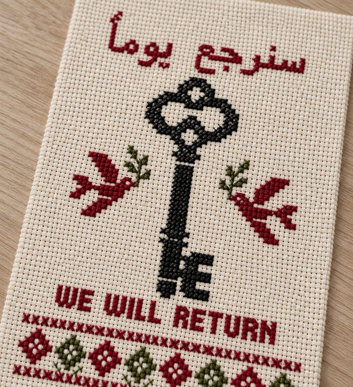 Key of Return Tatreez Wall Hanging - cross stitch detail