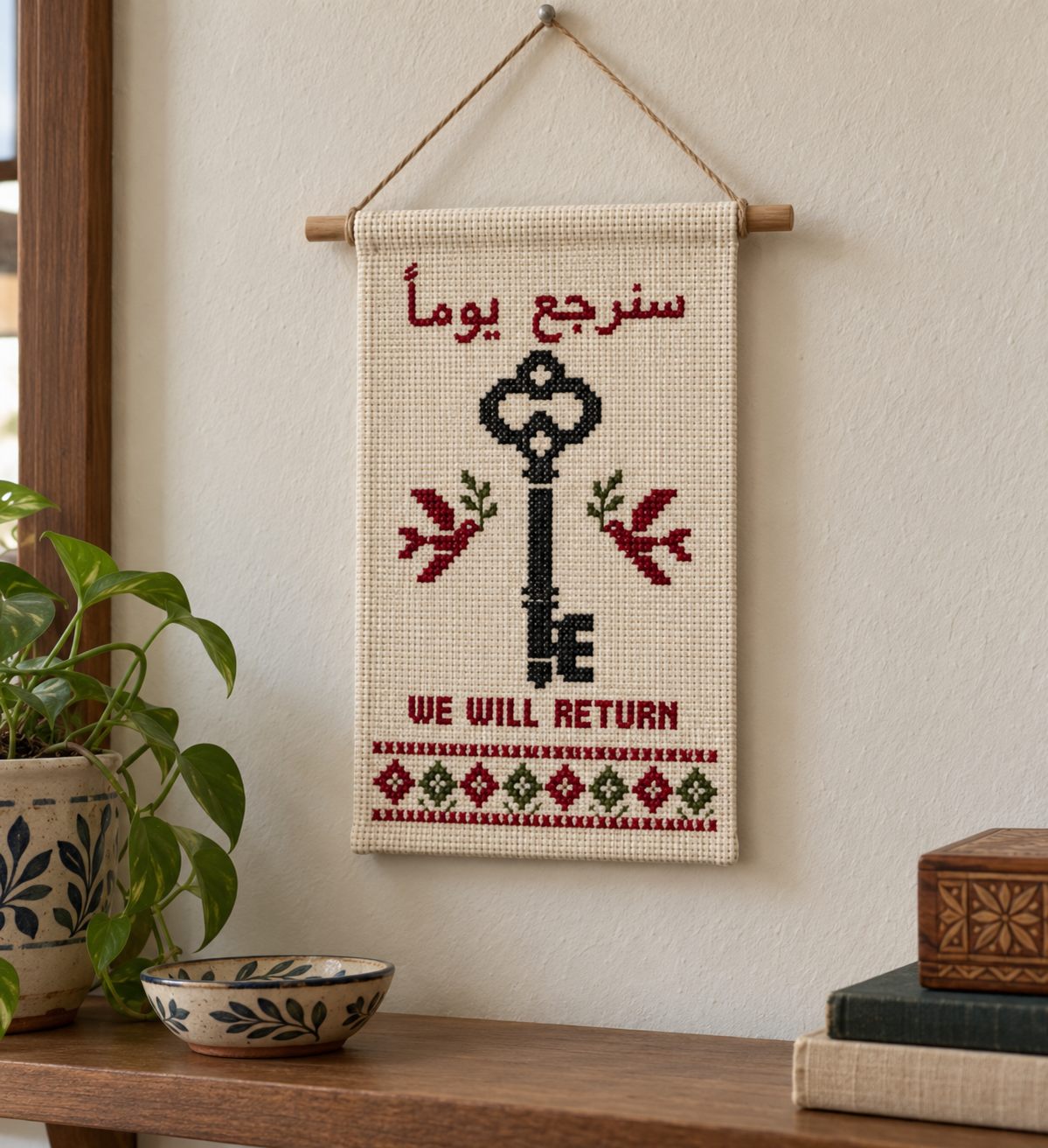 Key of Return Tatreez Wall Hanging - styled display