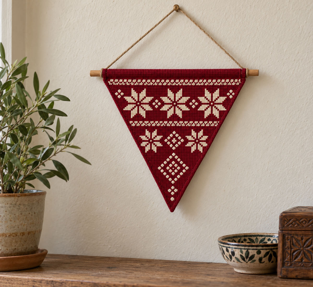 Red Triangle Star Tatreez Wall Hanging - styled display