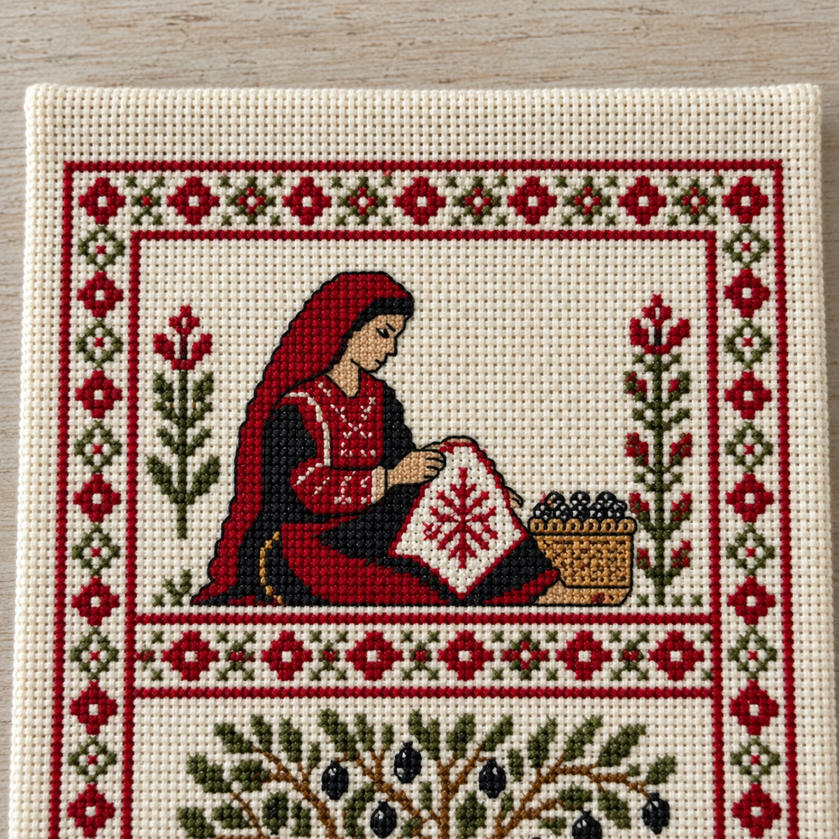 Palestinian Life Tatreez Wall Hanging - cross stitch detail