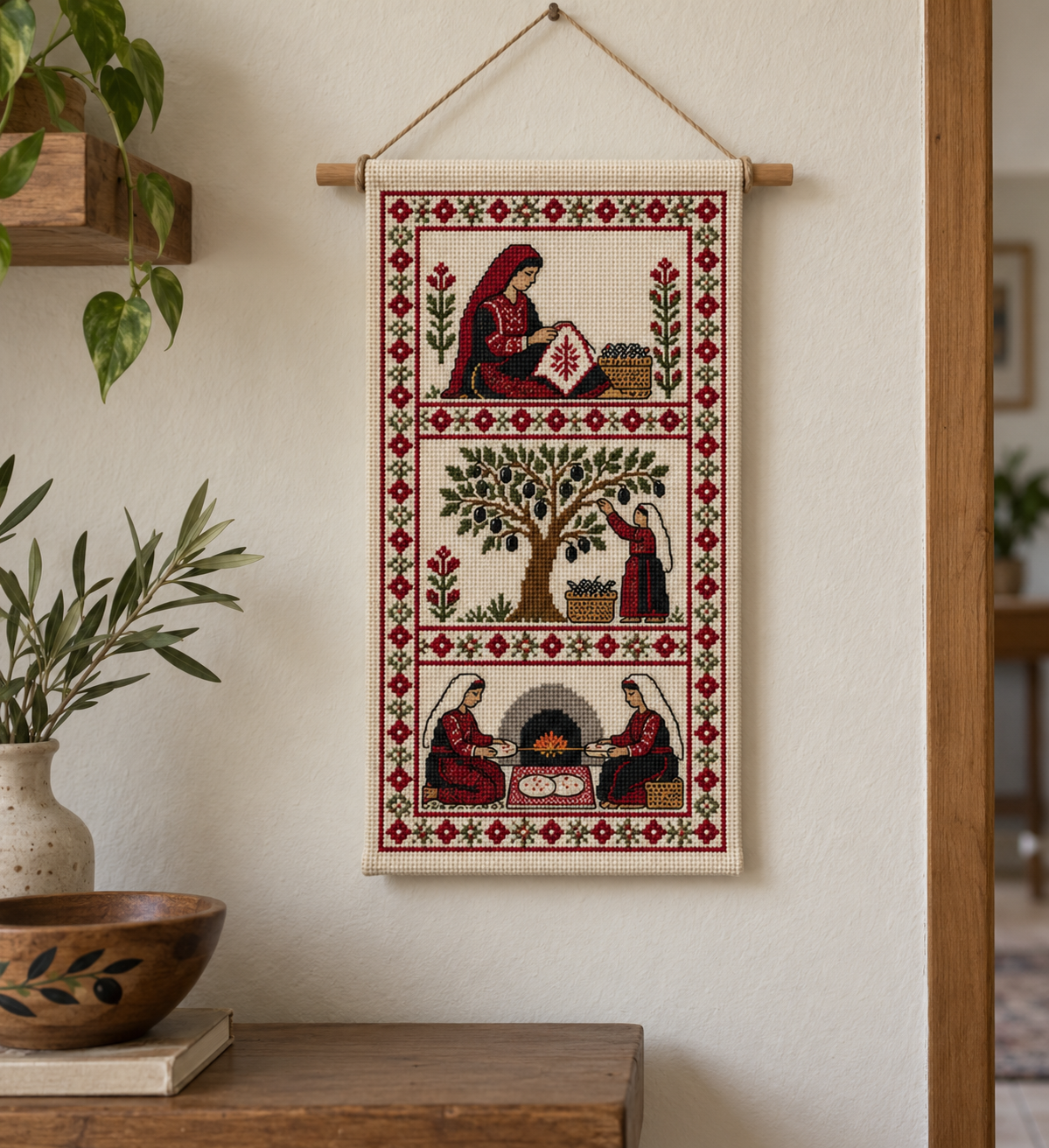 Palestinian Life Tatreez Wall Hanging - styled display
