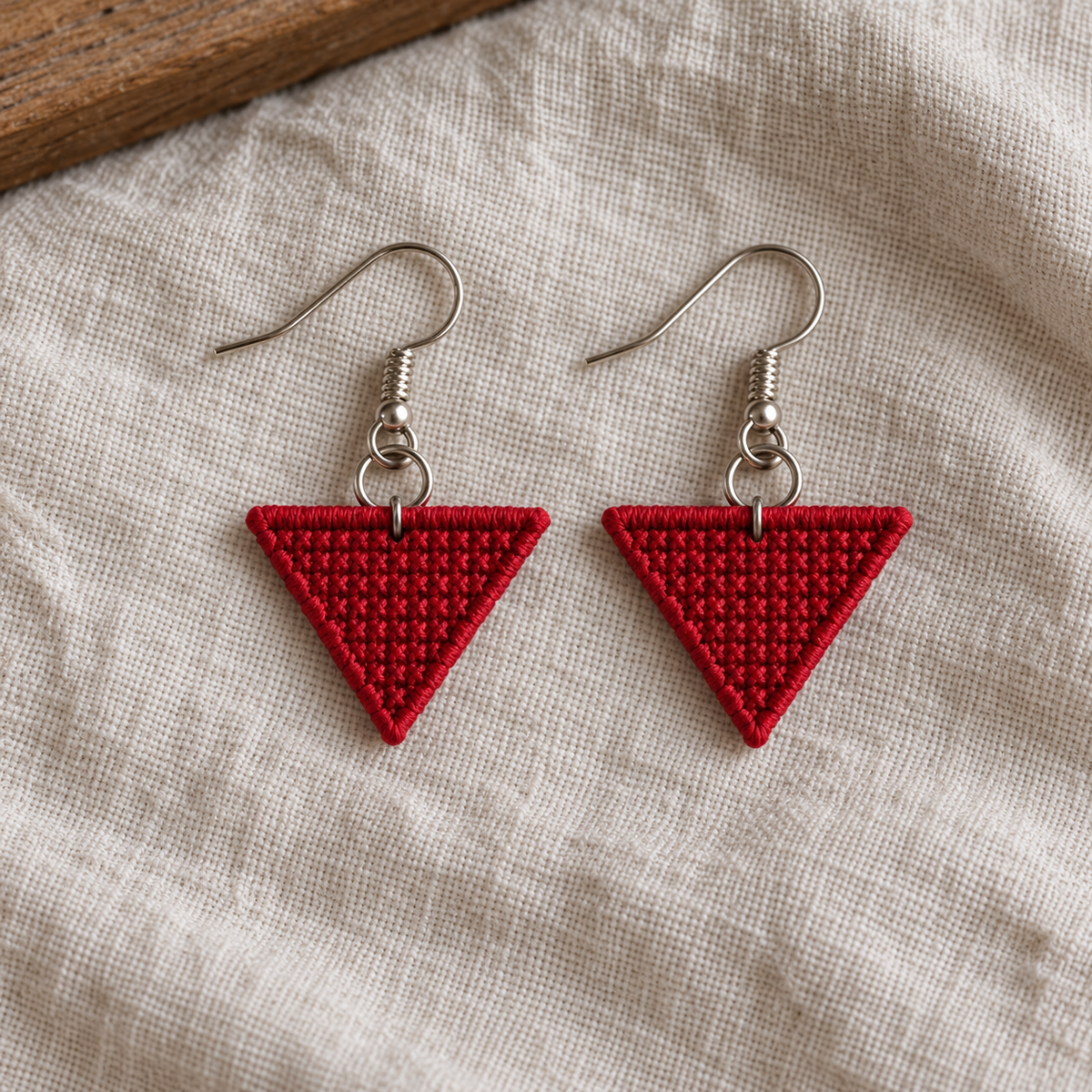 Red Triangle Tatreez Earrings - pair on linen