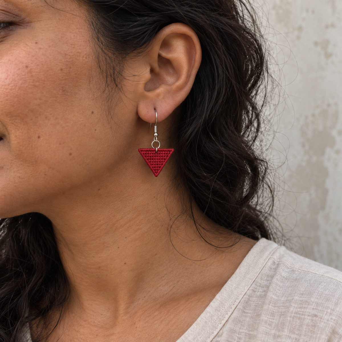 Red Triangle Tatreez Earrings - worn view