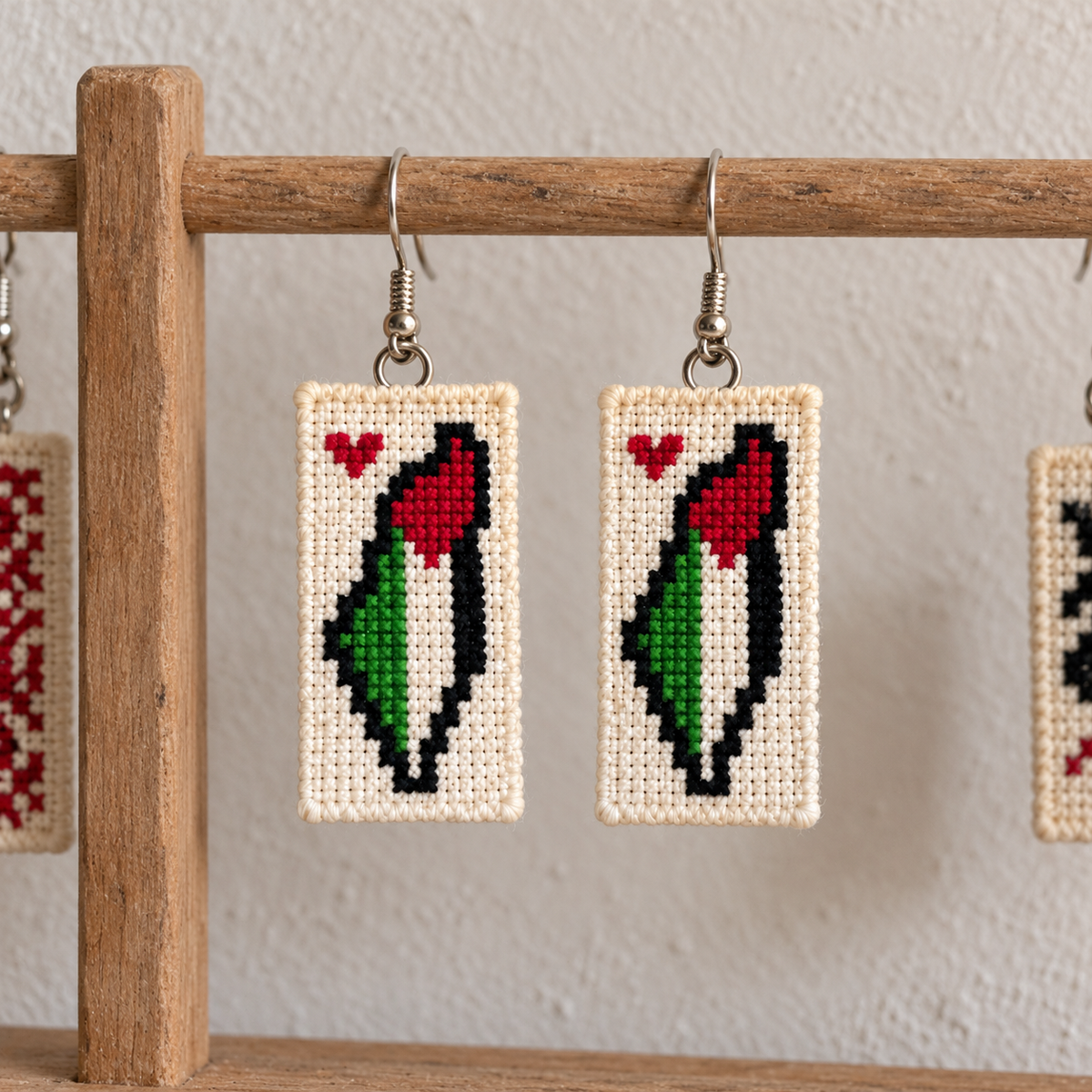Palestine Map Tatreez Earrings - pair hanging on display