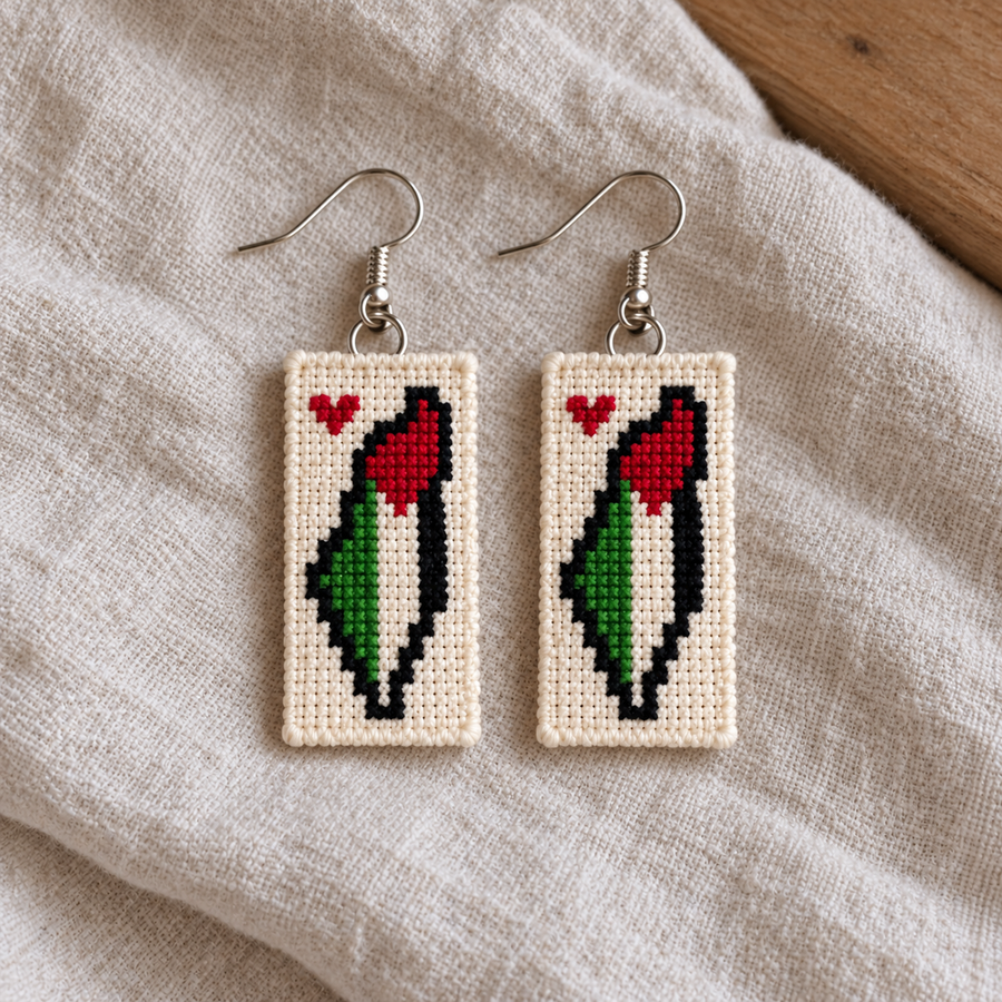 Palestine Map Tatreez Earrings - pair on linen