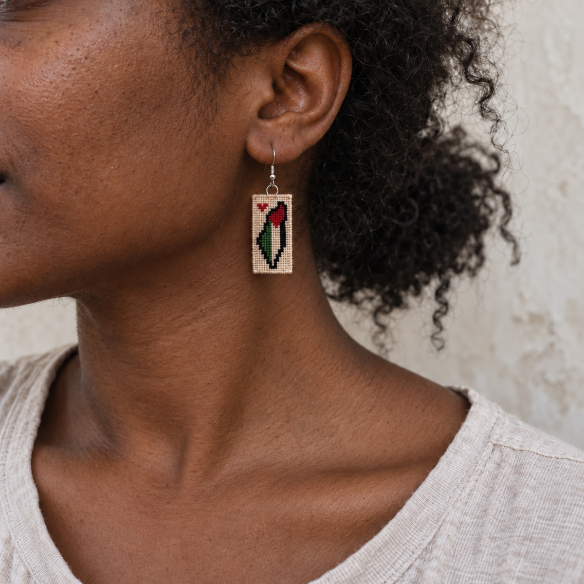 Palestine Map Tatreez Earrings - worn view