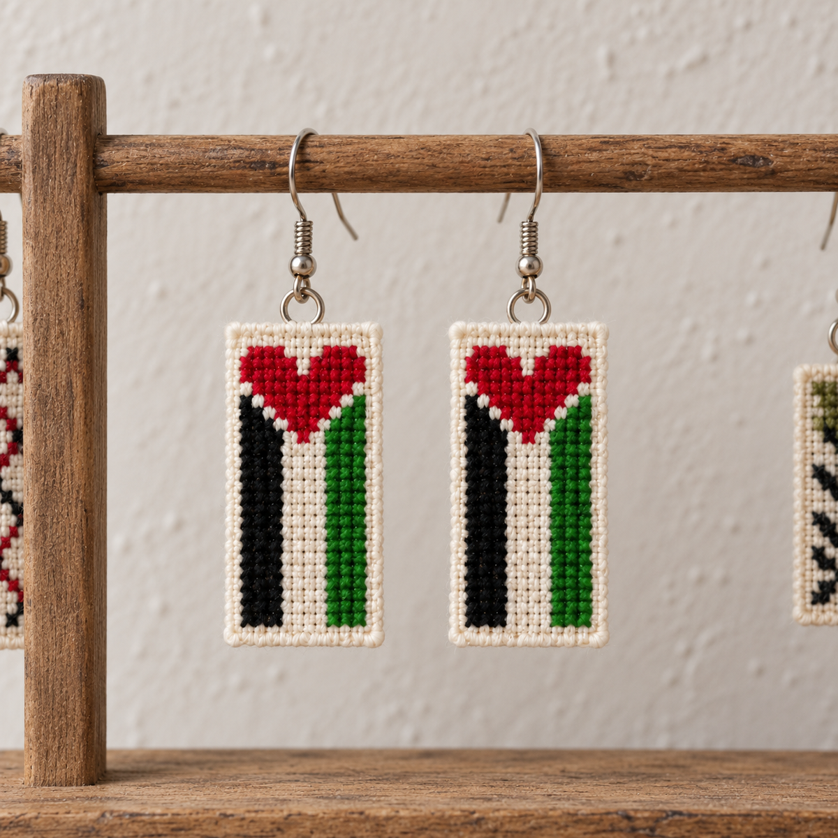 Palestine Heart Flag Tatreez Earrings - pair hanging on display