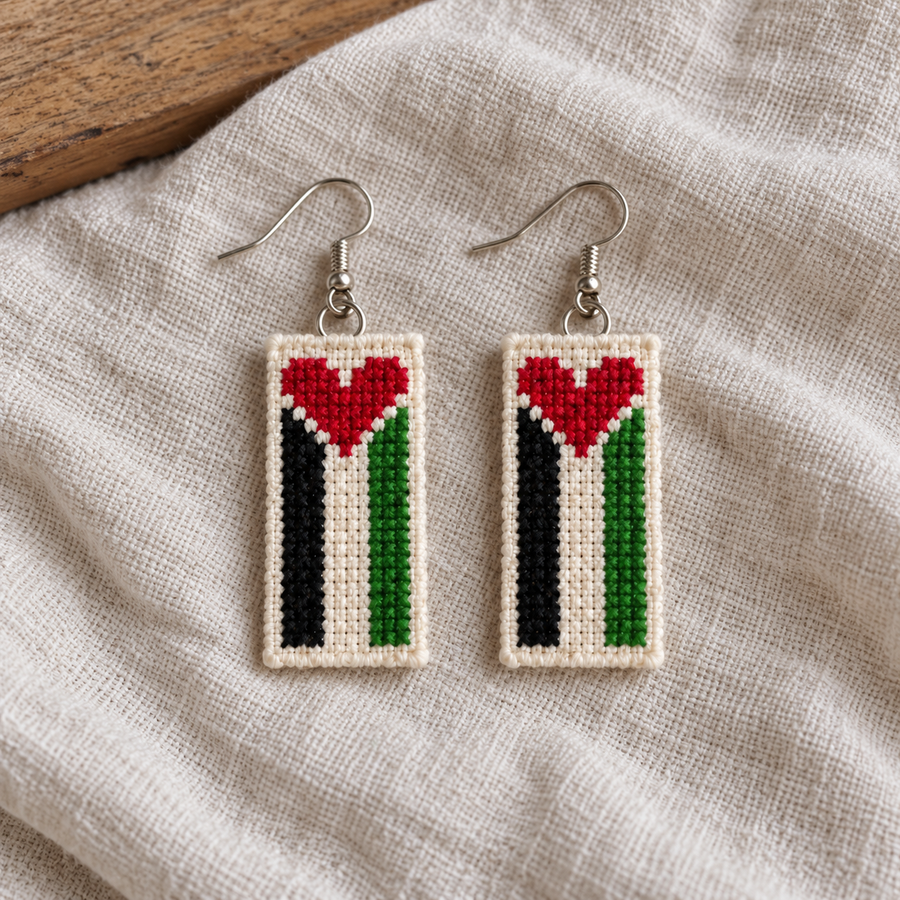 Palestine Heart Flag Tatreez Earrings - pair on linen