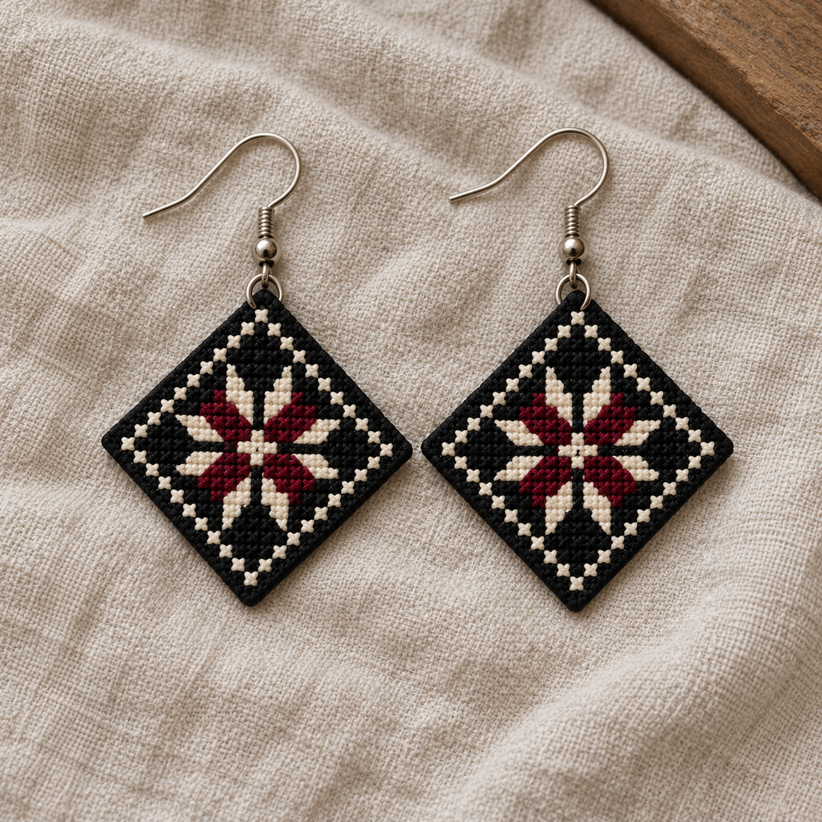 Bethlehem Star Tatreez Earrings - Black - pair on linen