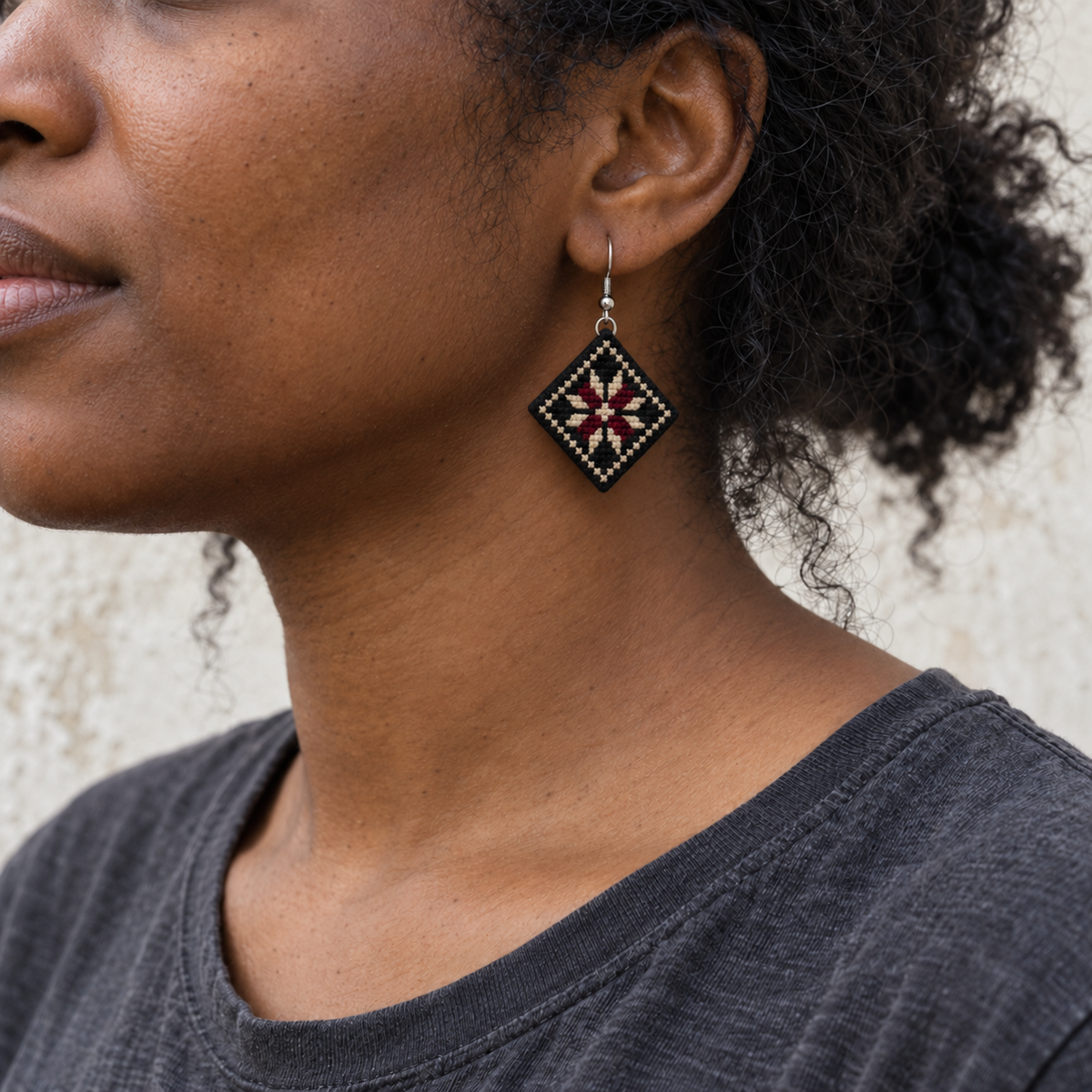 Bethlehem Star Tatreez Earrings - Black - worn view