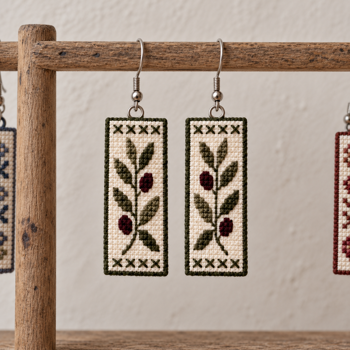 Olive Branch Tatreez Earrings - Cream - pair hanging on display