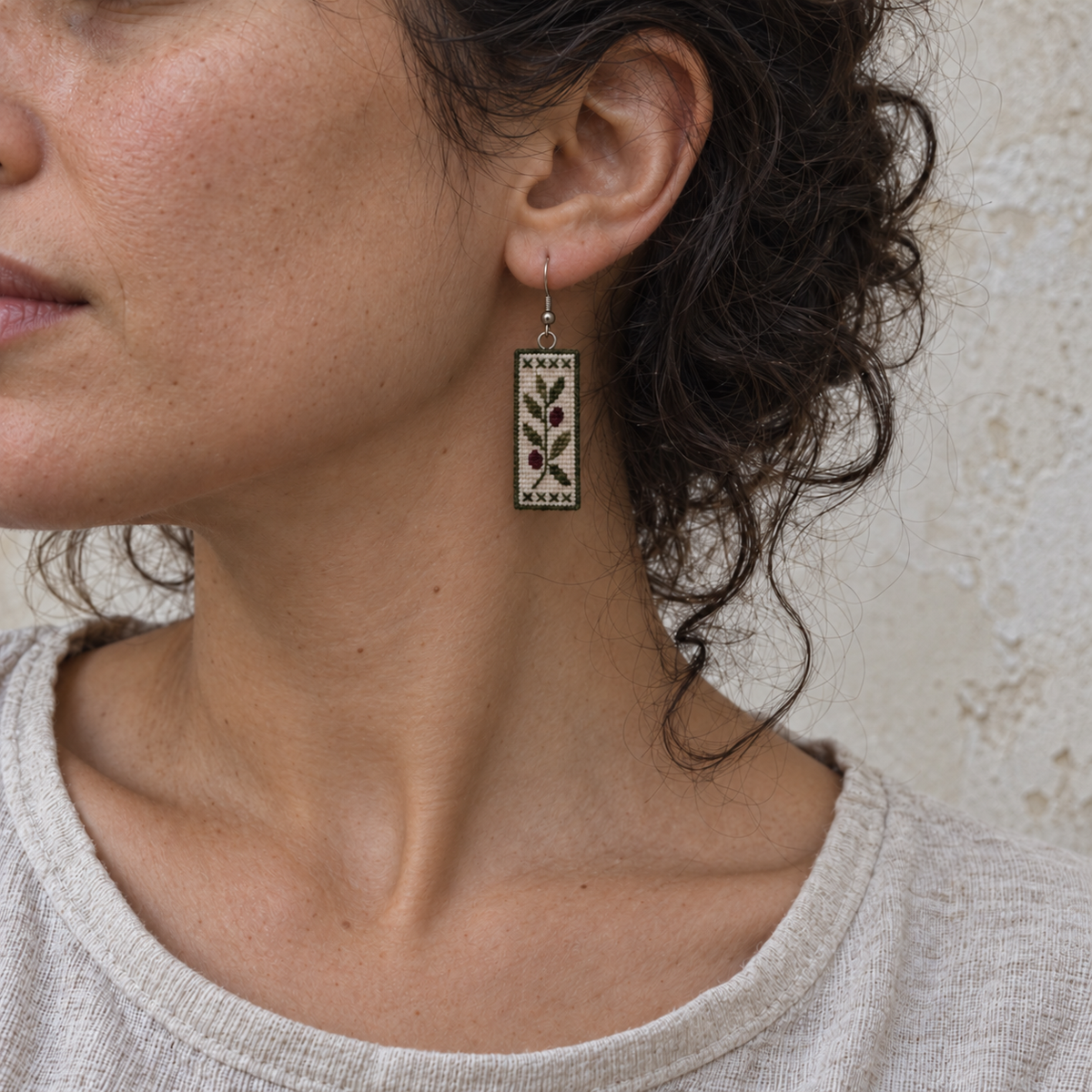 Olive Branch Tatreez Earrings - Cream - worn view