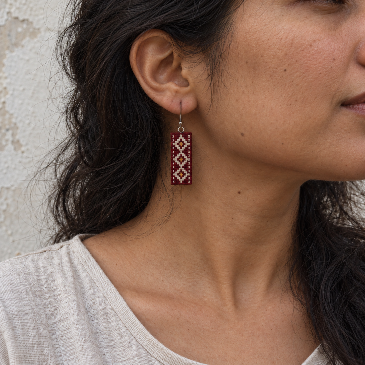 Geometric Tatreez Earrings - Burgundy - worn view