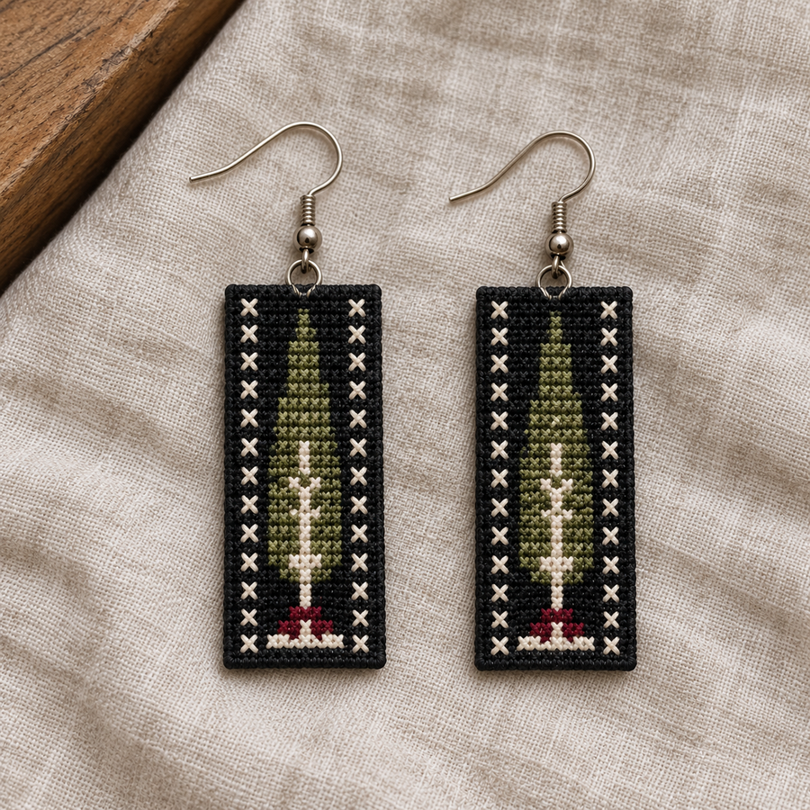 Cypress Tree Tatreez Earrings - Charcoal - pair on linen