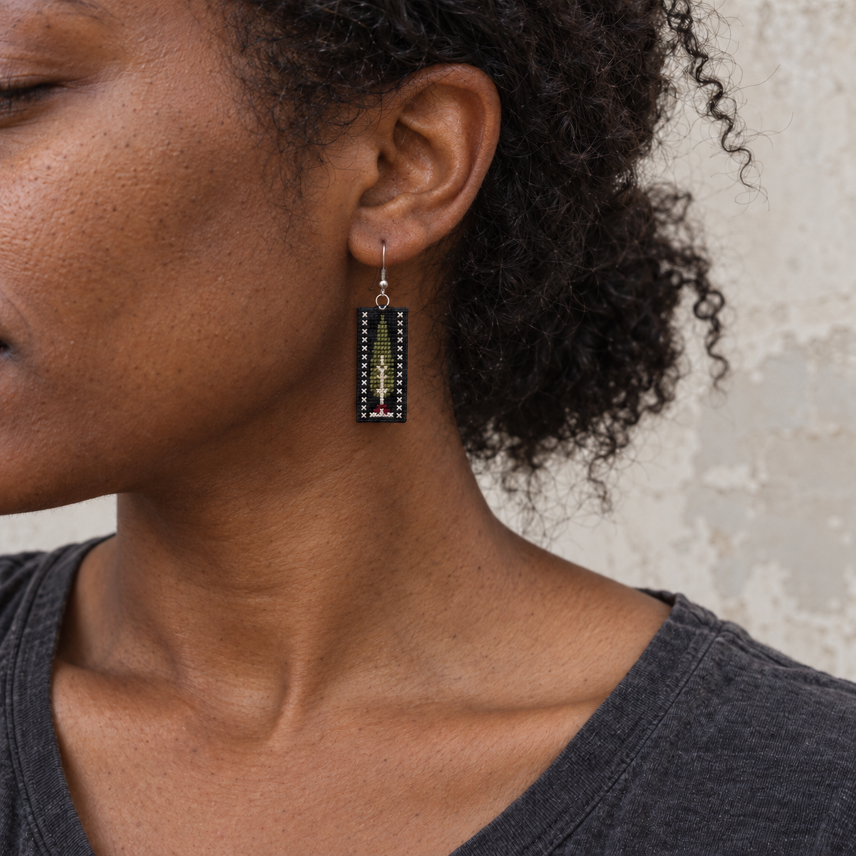 Cypress Tree Tatreez Earrings - Charcoal - worn view