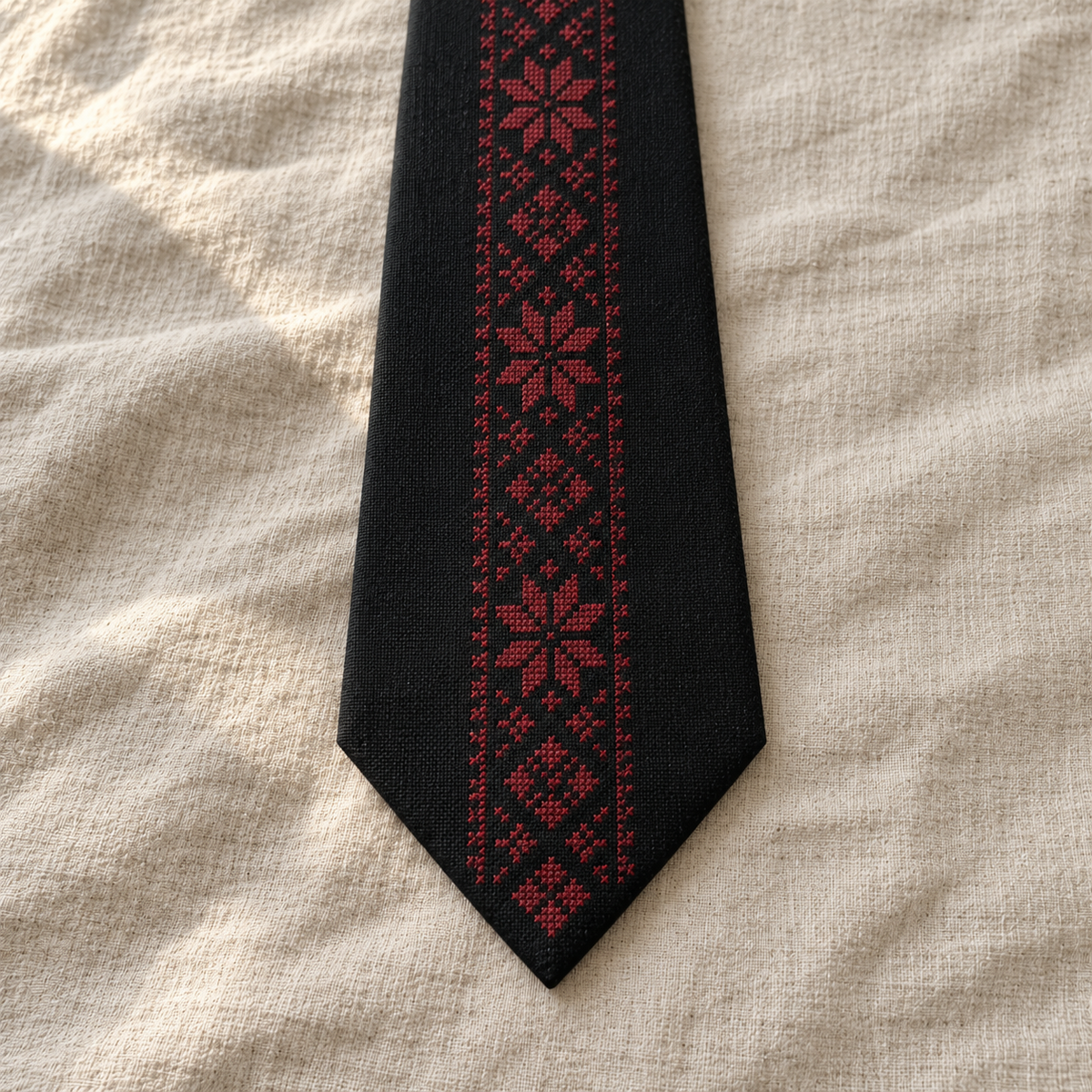 Burgundy Geometric Tatreez Tie - Black - detail
