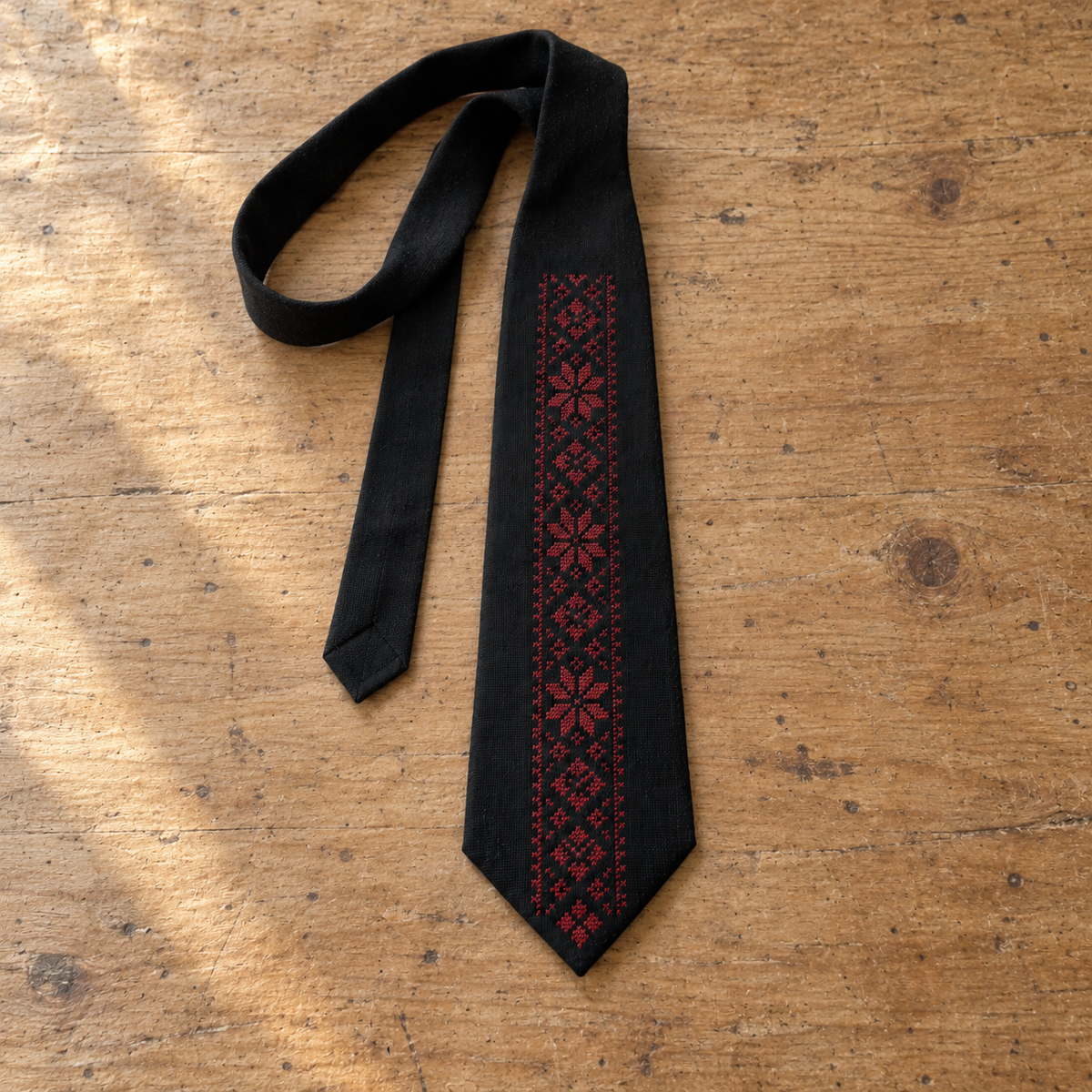 Burgundy Geometric Tatreez Tie - Black - flat