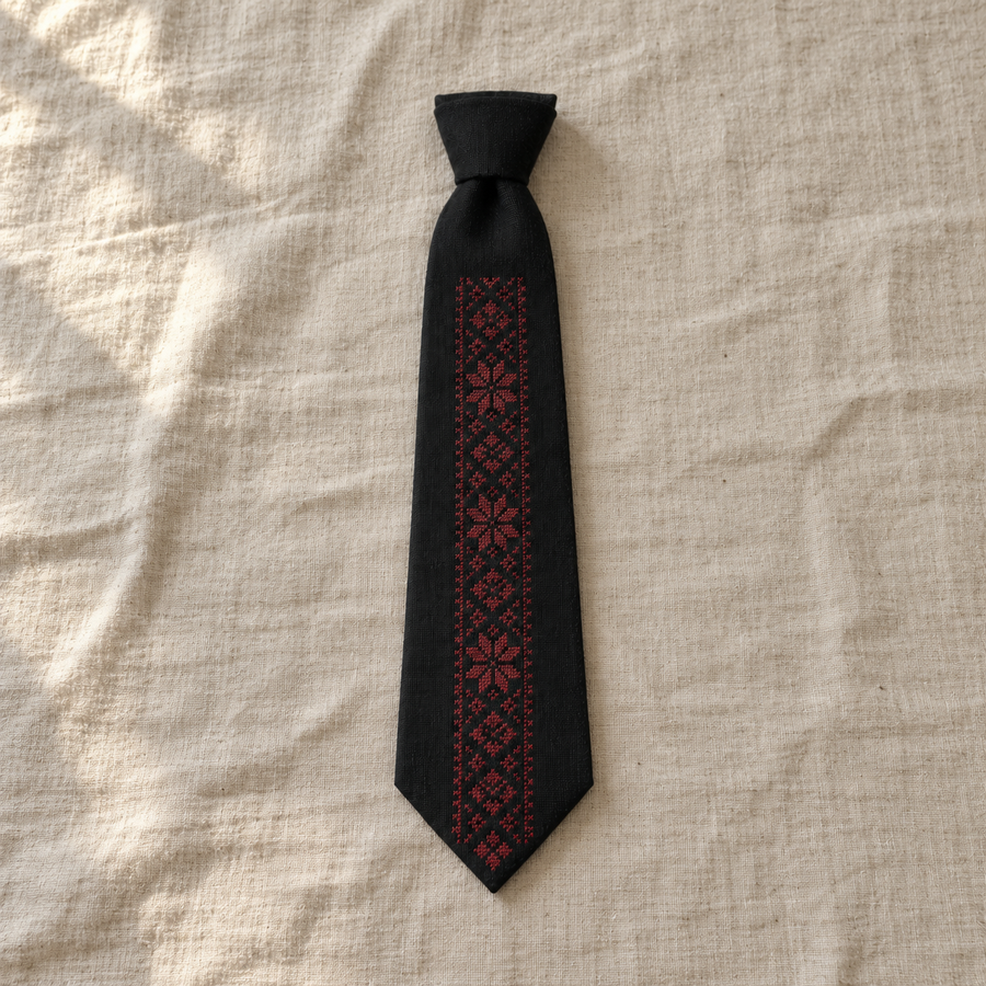 Burgundy Geometric Tatreez Tie - Black - main