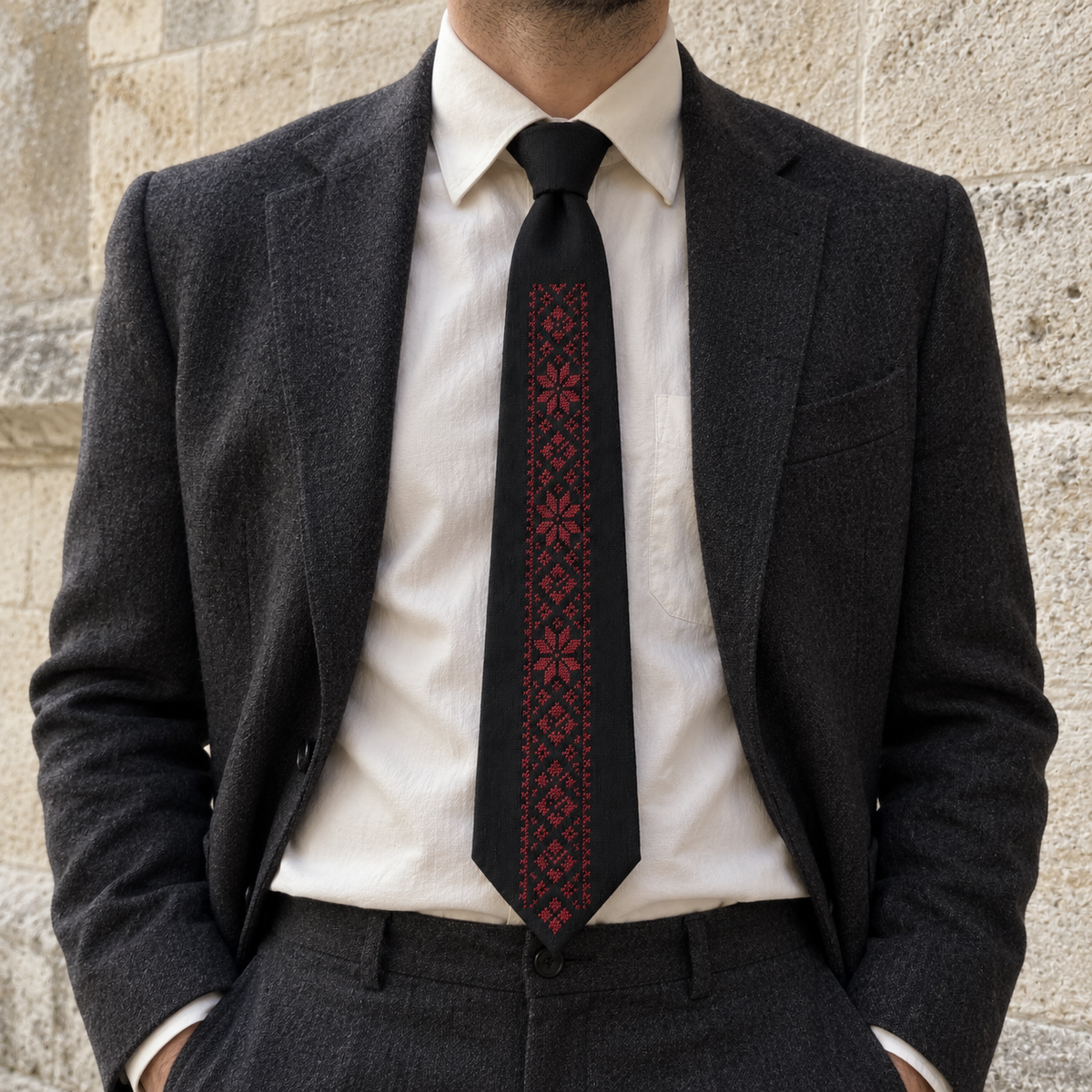 Burgundy Geometric Tatreez Tie - Black - model