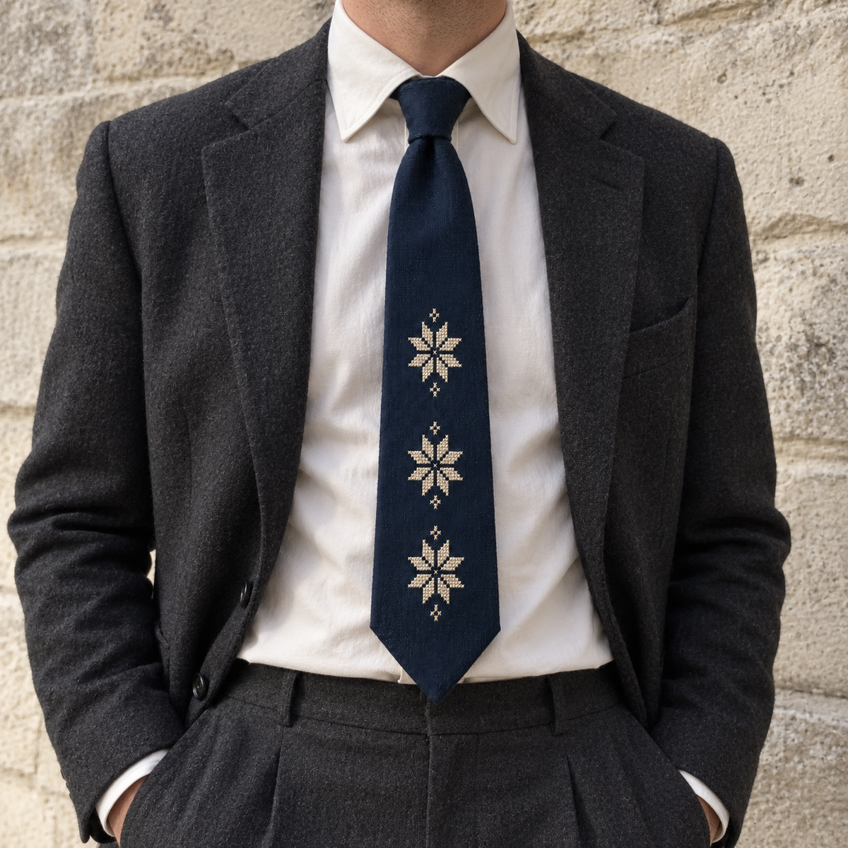Three Star Tatreez Tie - Navy - model