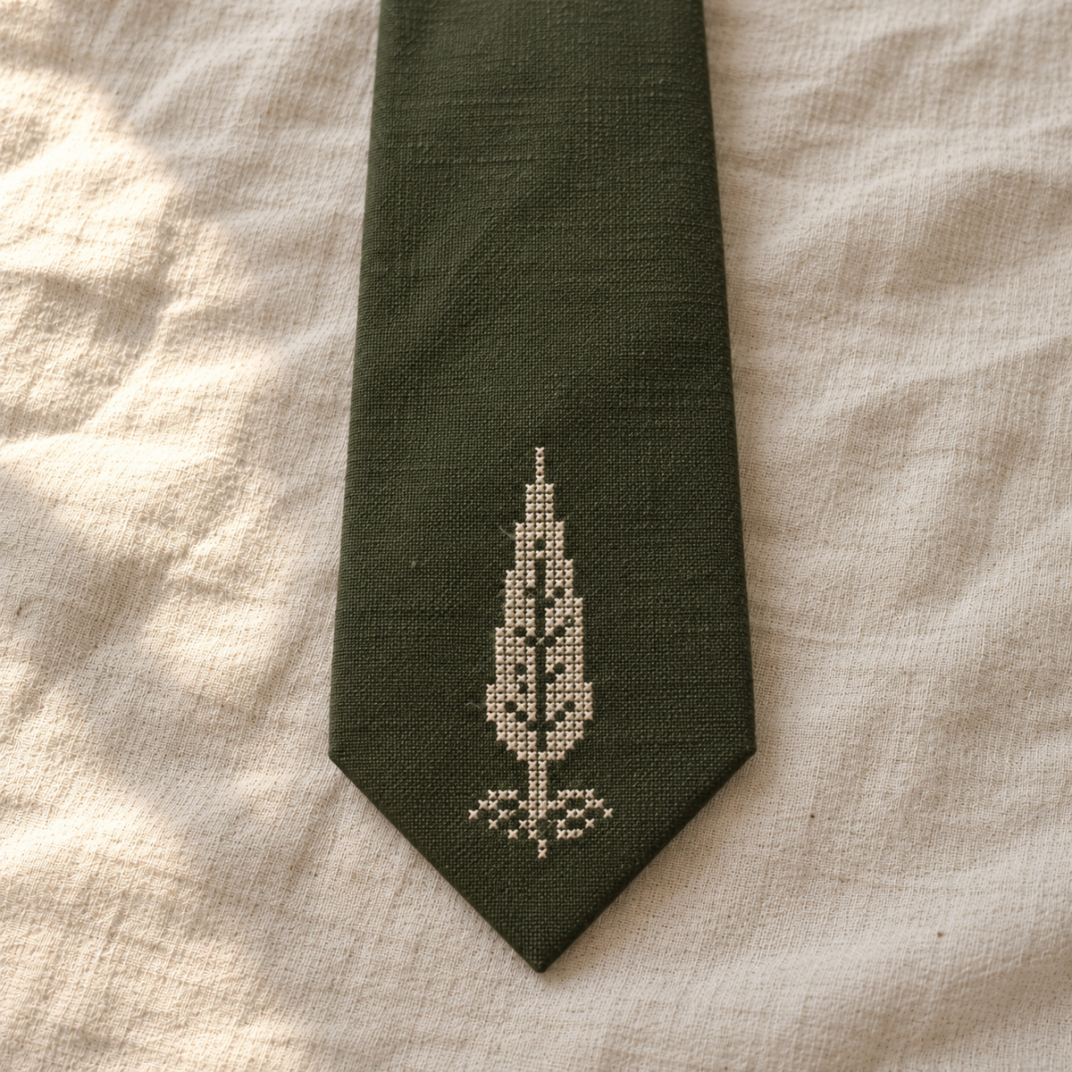 Cypress Tree Tatreez Tie - Olive - detail