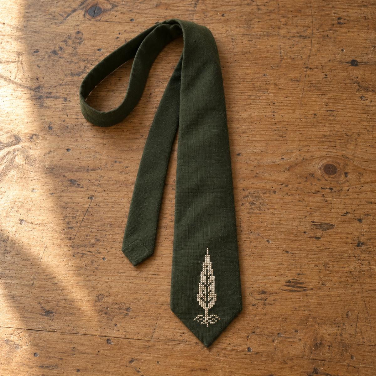 Cypress Tree Tatreez Tie - Olive - flat