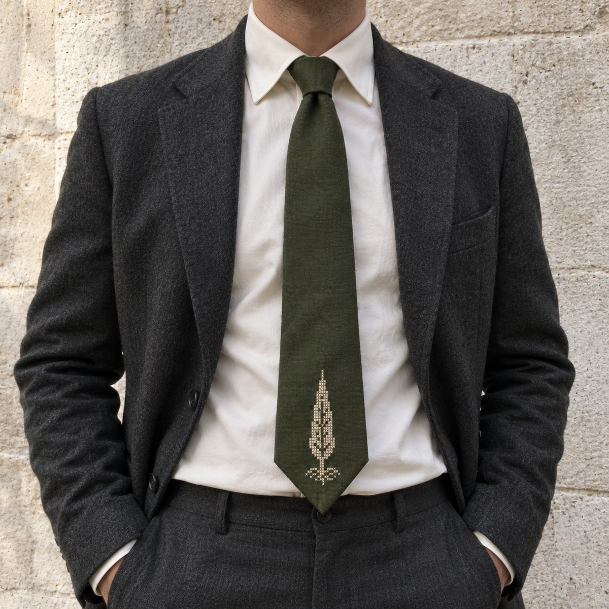 Cypress Tree Tatreez Tie - Olive - model